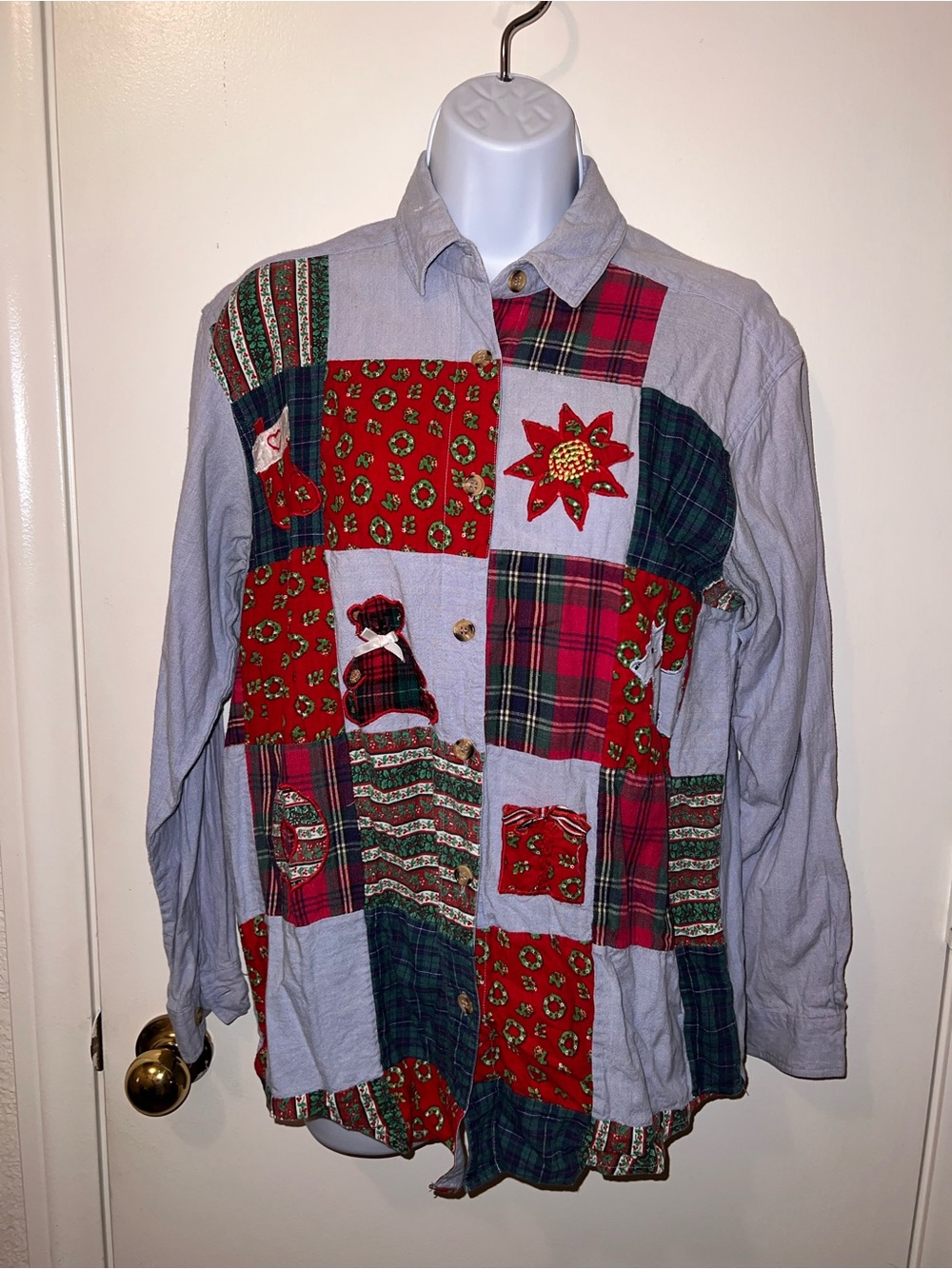 Women's Red Patchwork Plaid Button-Up Top